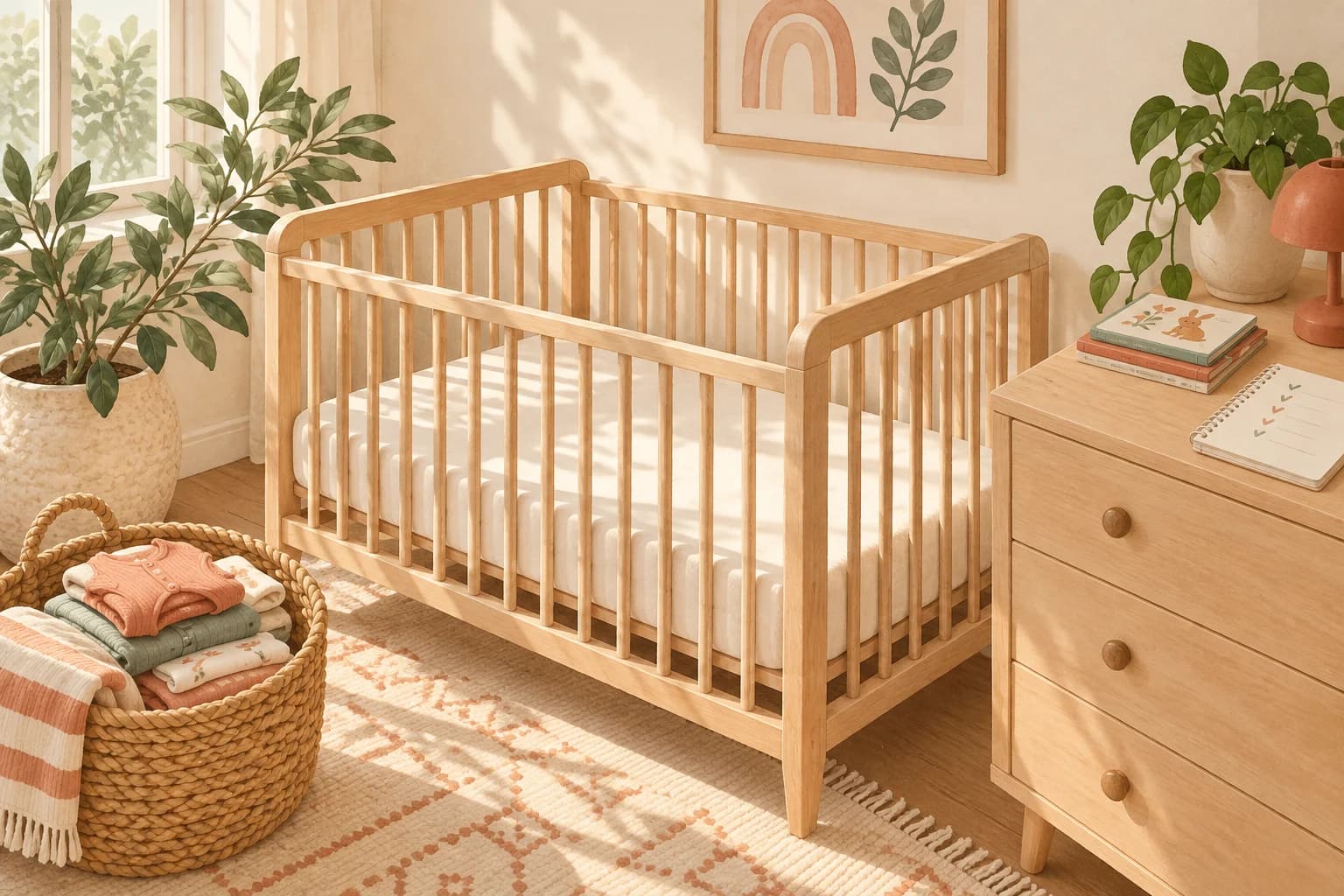 Sunlit nursery with a pale wood crib and a basket of baby clothes.