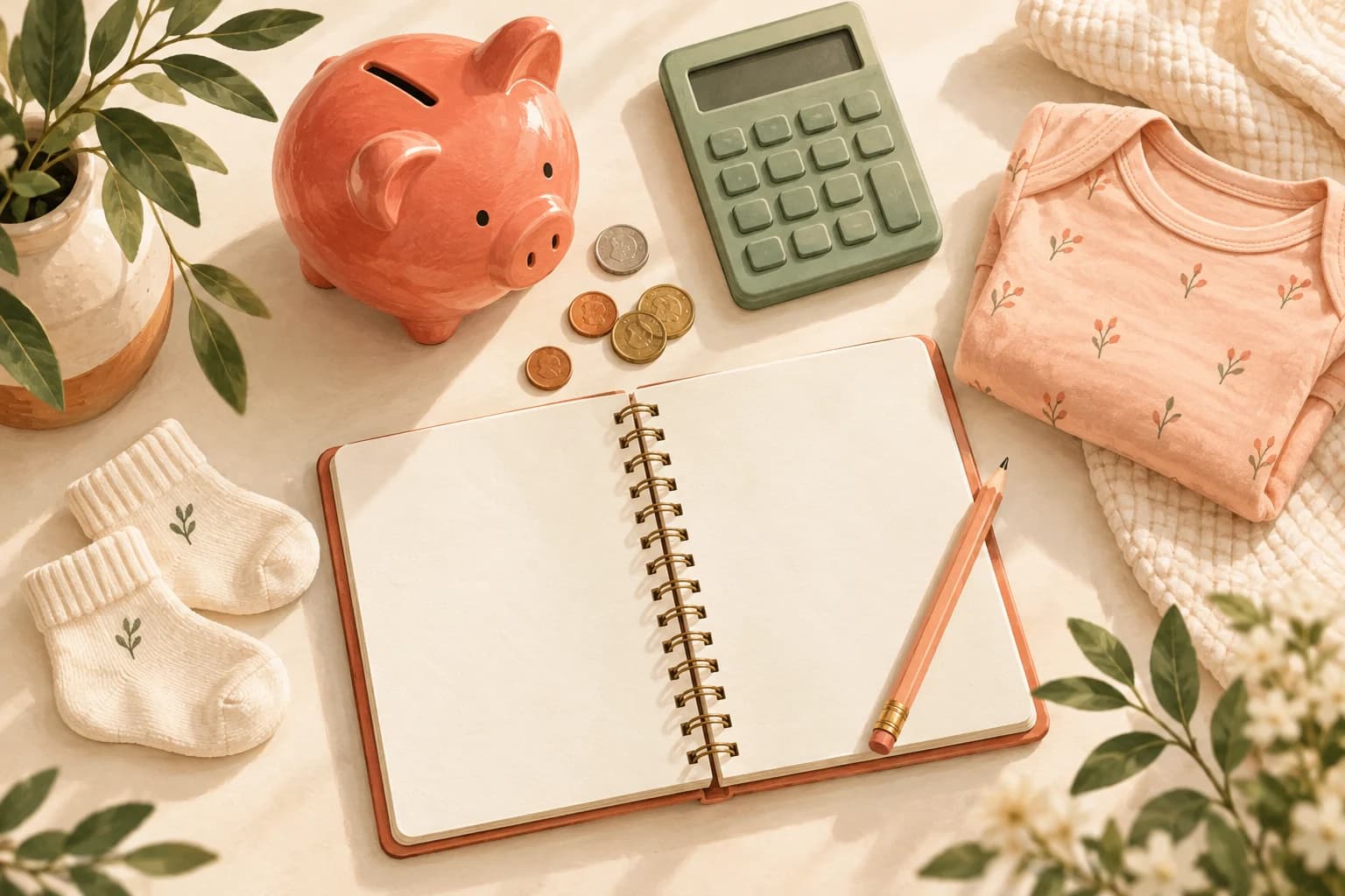Coral piggy bank, calculator, notebook and tiny baby socks.