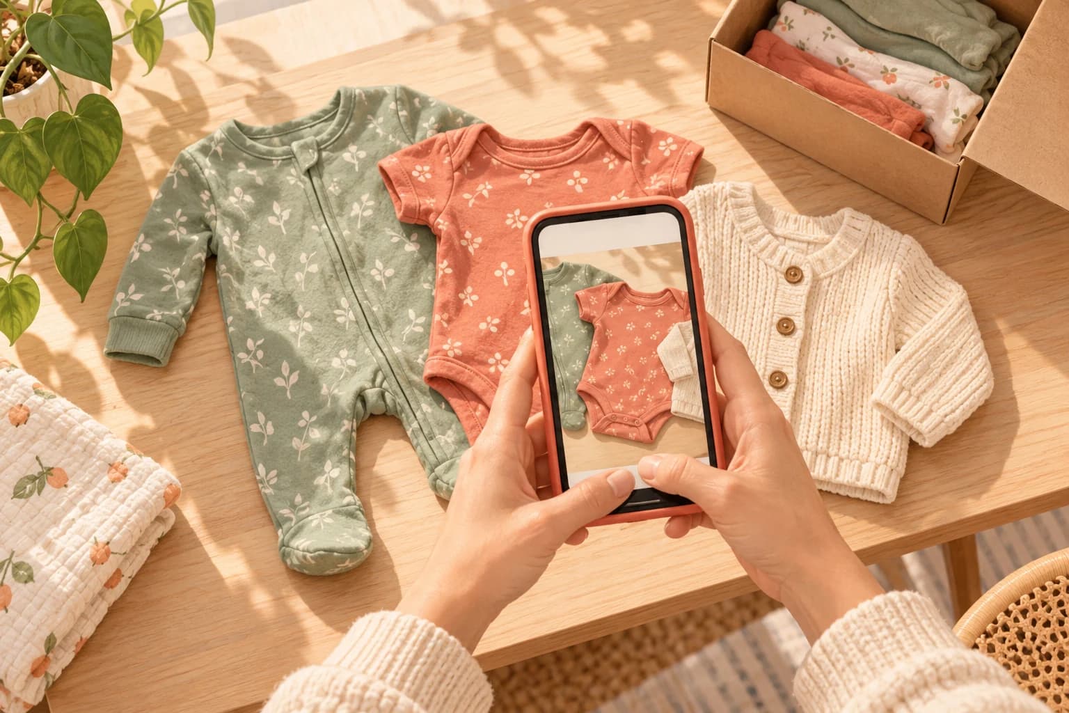 Caregiver photographing a bundle of outgrown baby clothes.