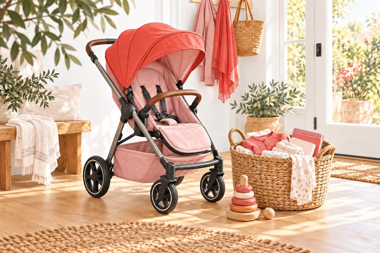 Pink stroller with a NuMama red canopy beside a basket of baby clothes in a bright white home.