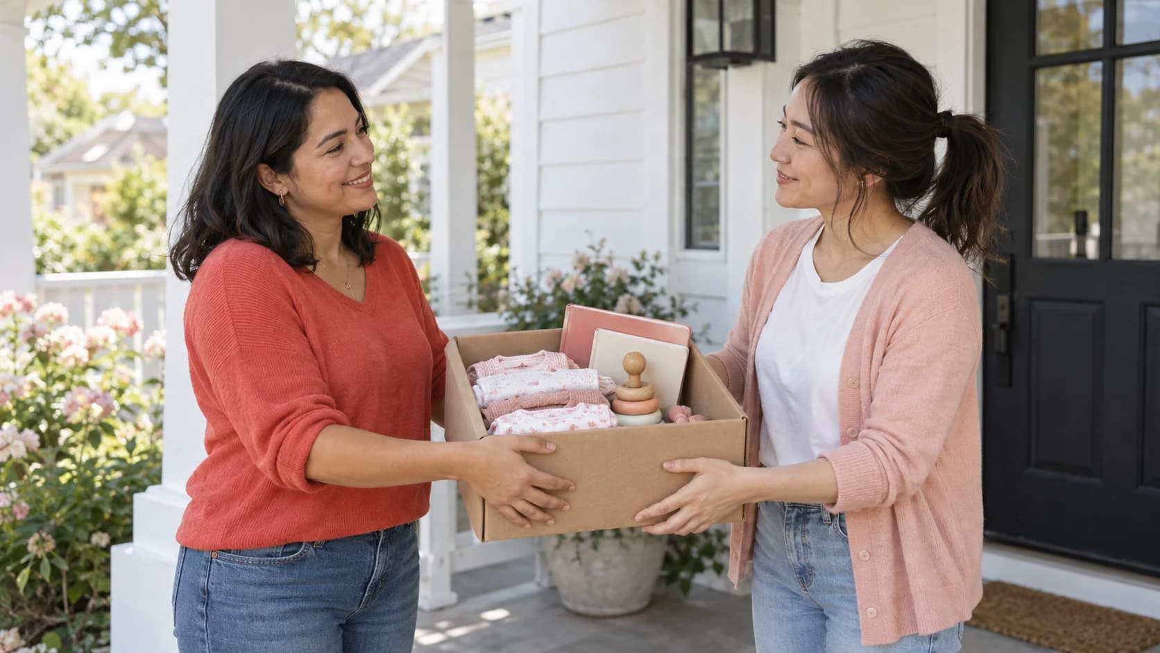 Two moms sharing a box of baby clothes, books, and a wooden toy on a white front porch.