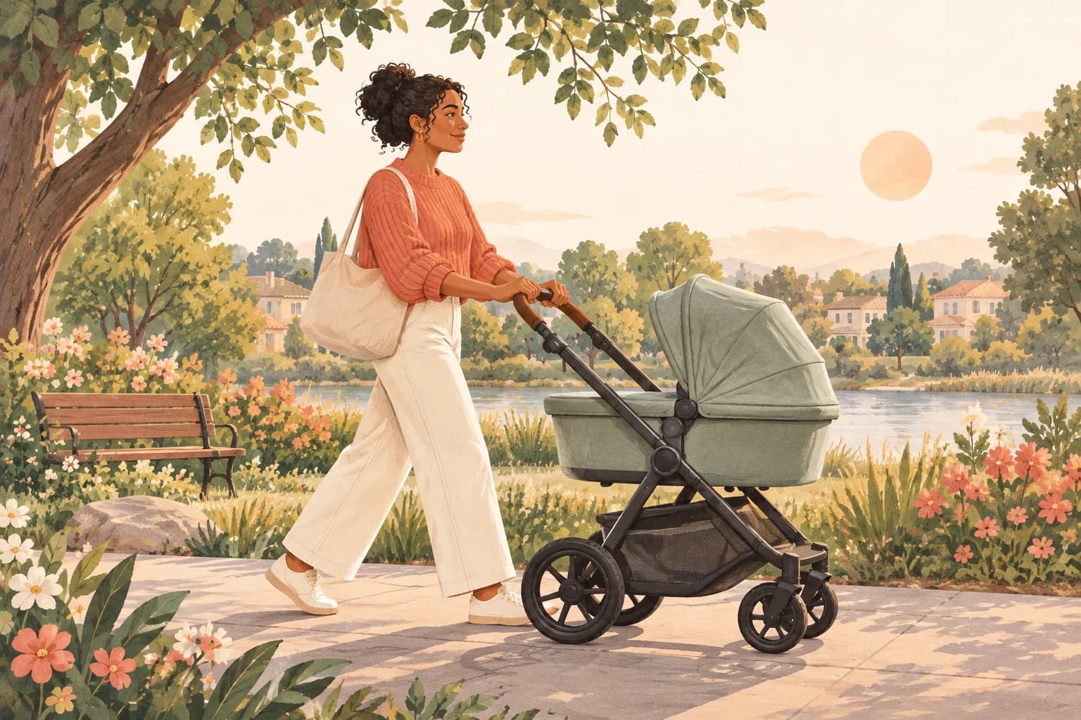 Caregiver taking a stroller along a leafy neighborhood path.