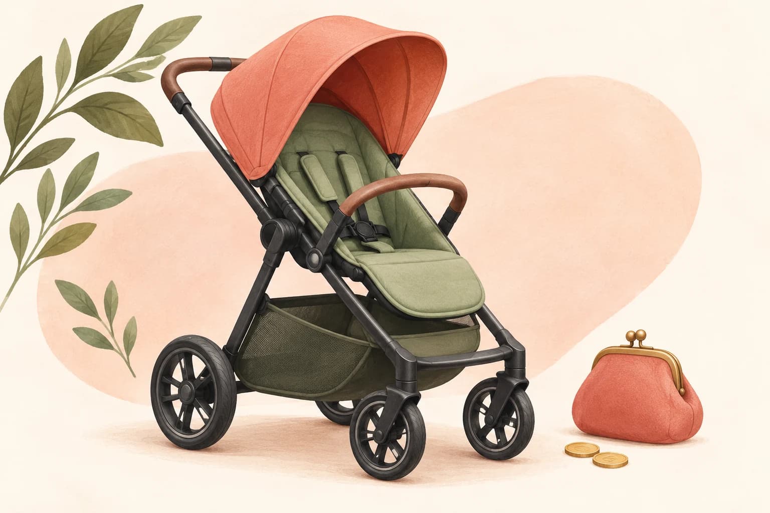 Sage and coral stroller with a coin purse and coins.