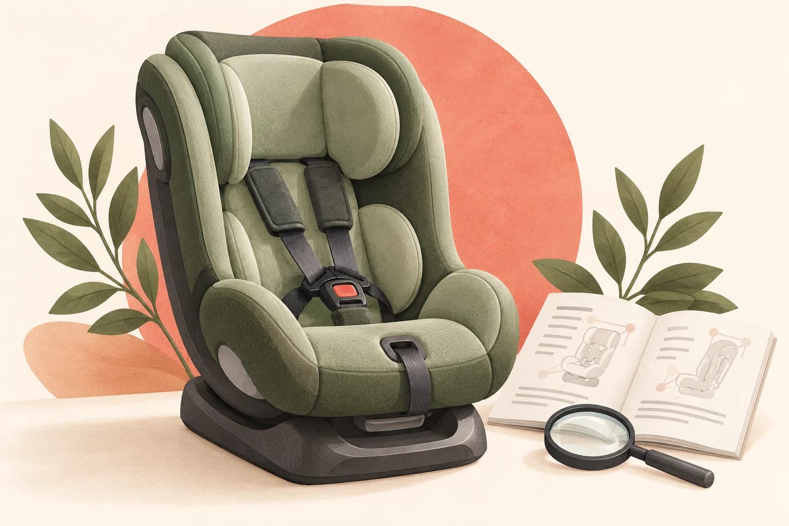 Sage child car seat beside an instruction booklet and magnifying glass.