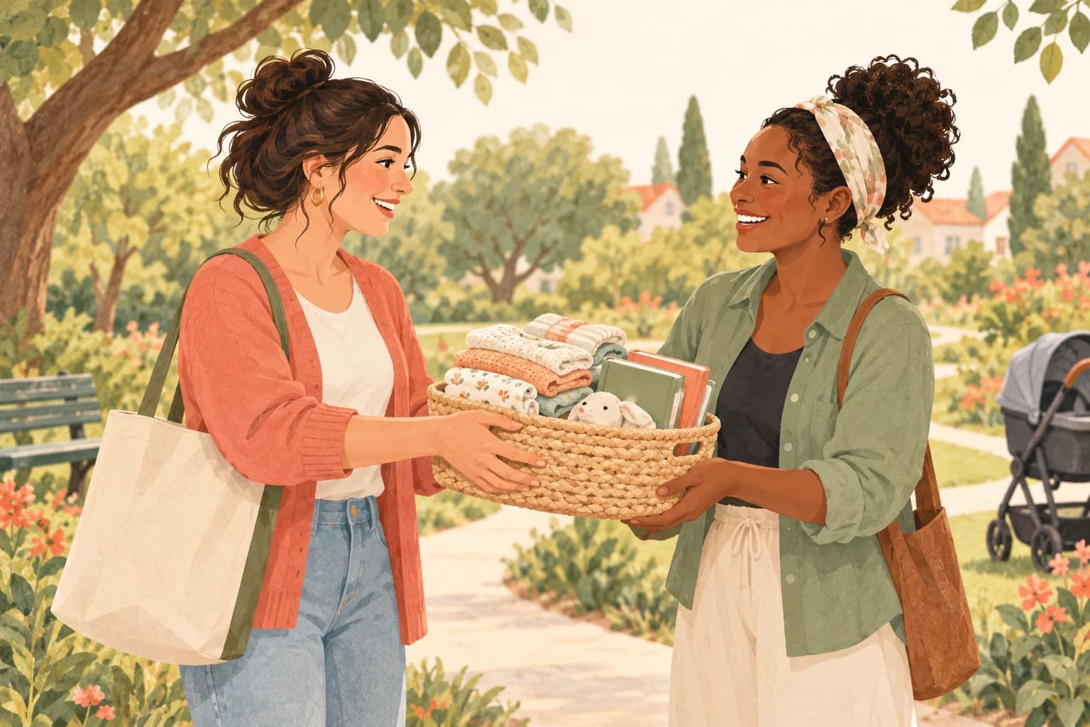 Two neighbors passing along a basket of baby clothes and books.