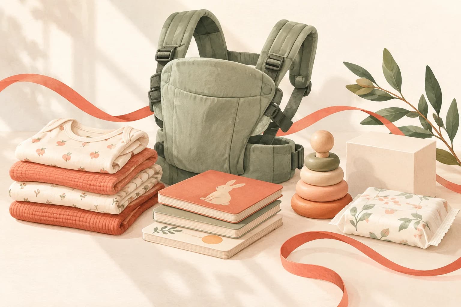 Baby carrier, folded clothes, board books and wooden stacking rings.